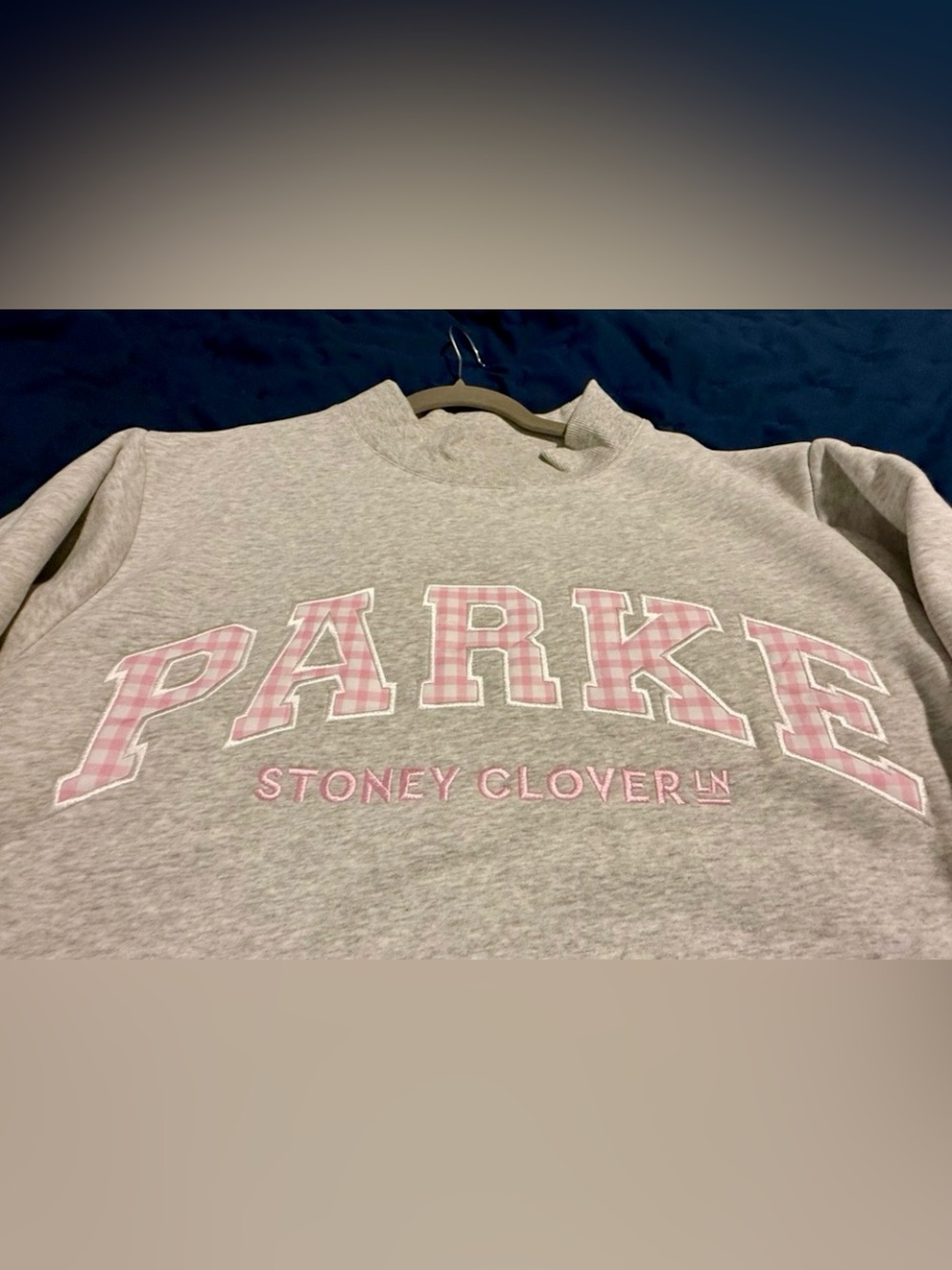 NWT PARKE x Stoney Clover Lane Varsity Mockneck Sweatshirt Grey w/Pink Gingham